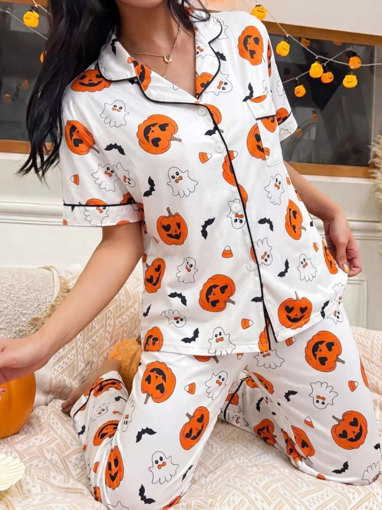 Halloween pumpkin print button-down top and pants set, alternate product image