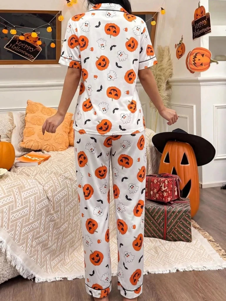 Halloween pumpkin print button-down top and pants set, alternate product image