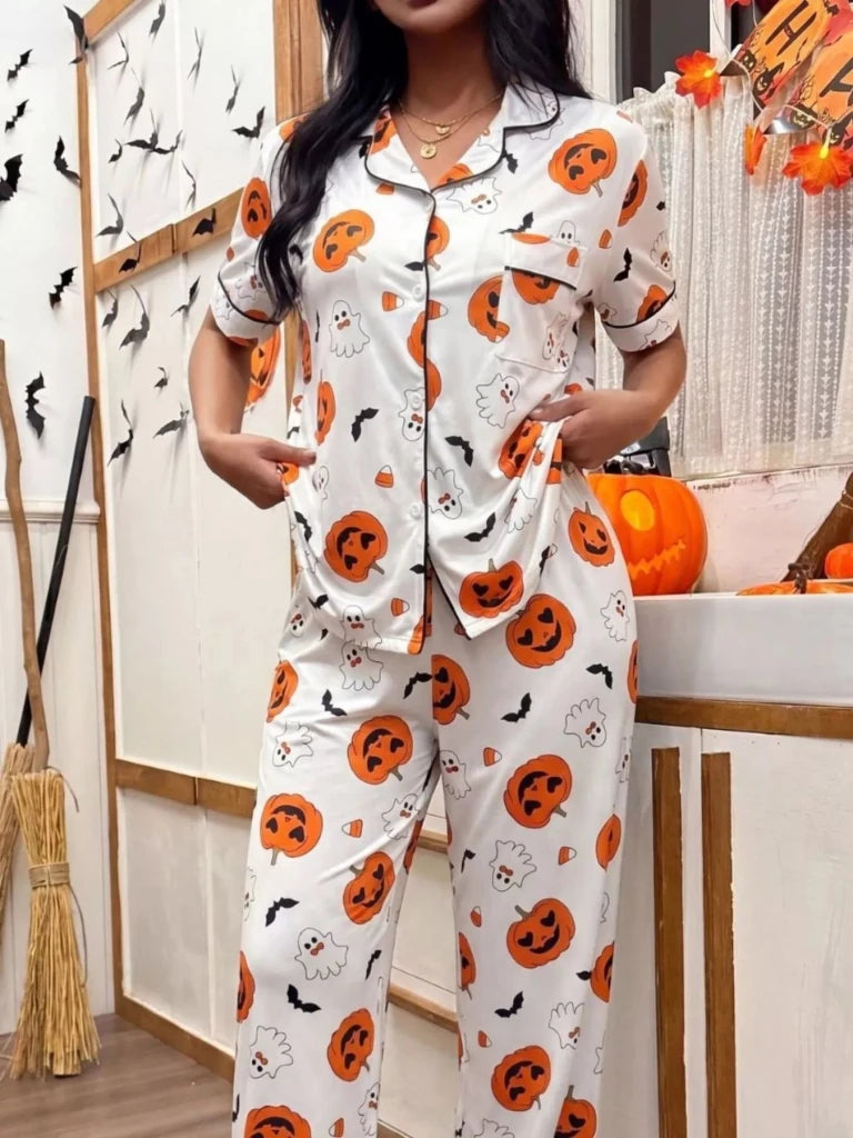 Halloween pumpkin print button-down top and pants set, alternate product image