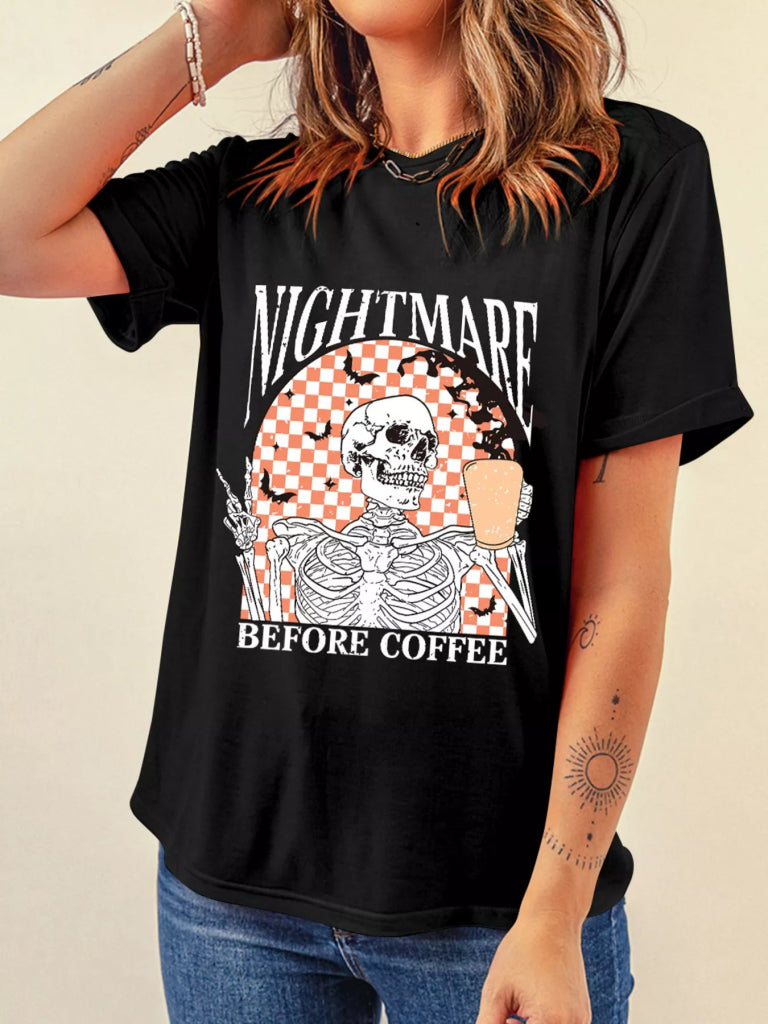 Halloween Skull Checkerboard Graphic Round Neck T-Shirt - Black by Trendsi from FREYA’S CLOSET