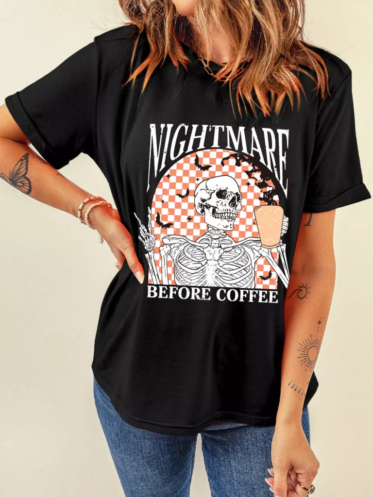 Halloween Skull Checkerboard Graphic Round Neck T-Shirt - Black by Trendsi from FREYA’S CLOSET