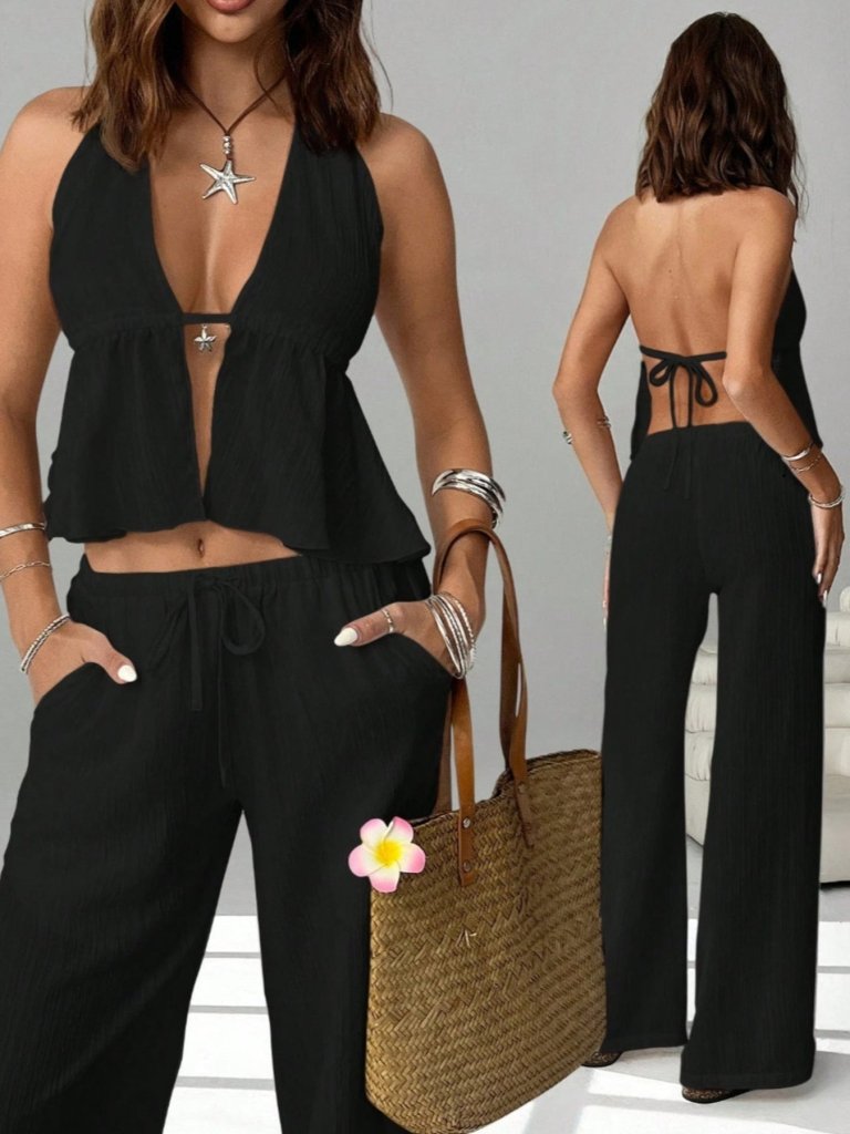 Halter Neck Cami and Pants Set - Black by Trendsi from FREYA’S CLOSET