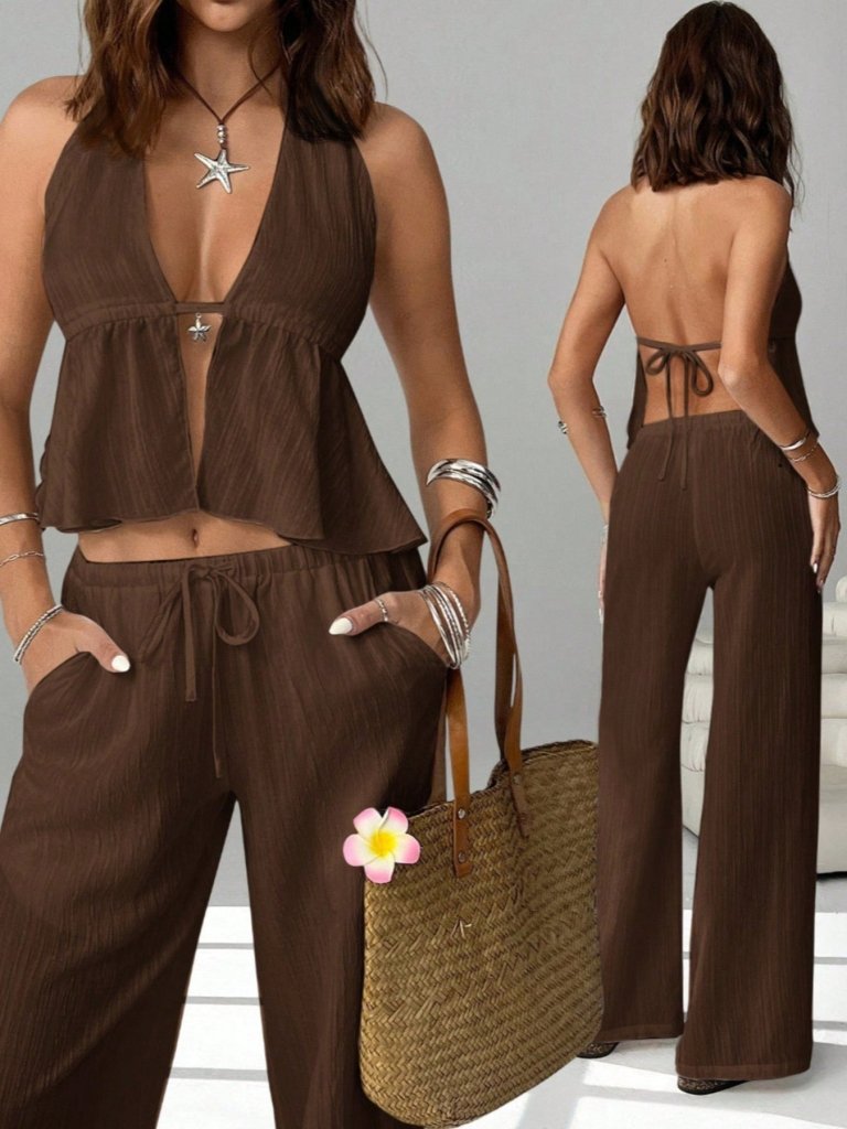 Halter Neck Cami and Pants Set - Brown by Trendsi from FREYA’S CLOSET
