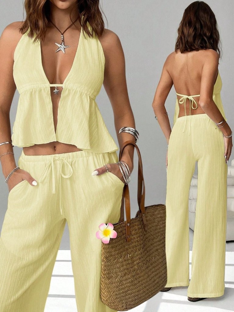 Halter Neck Cami and Pants Set - Light Yellow by Trendsi from FREYA’S CLOSET