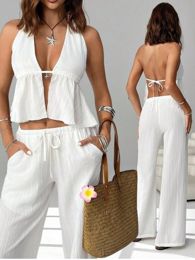 Halter Neck Cami and Pants Set - White by Trendsi from FREYA’S CLOSET