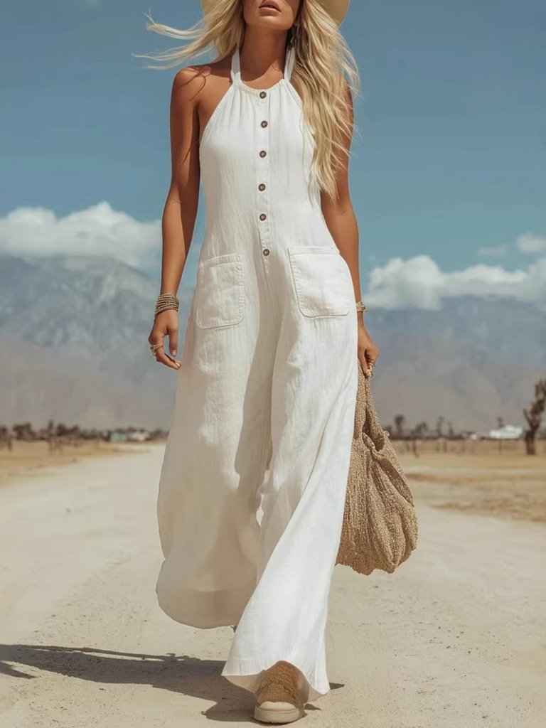 Halter Neck Wide Leg Jumpsuit - White by Trendsi from FREYA’S CLOSET