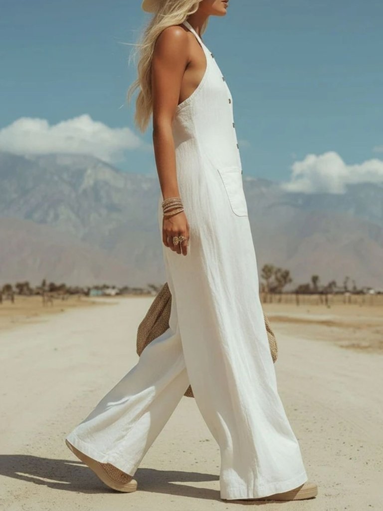 Halter Neck Wide Leg Jumpsuit - White by Trendsi from FREYA’S CLOSET