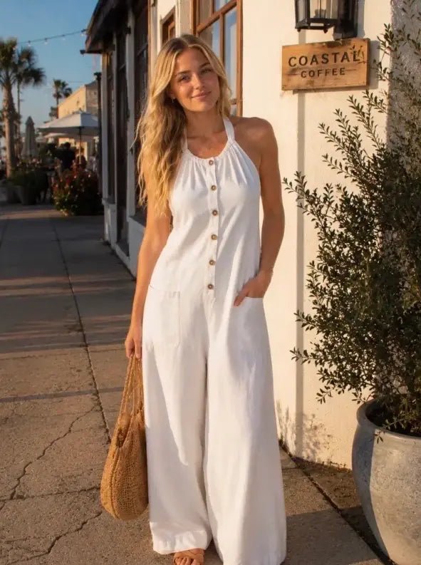 Halter Neck Wide Leg Jumpsuit - White by Trendsi from FREYA’S CLOSET