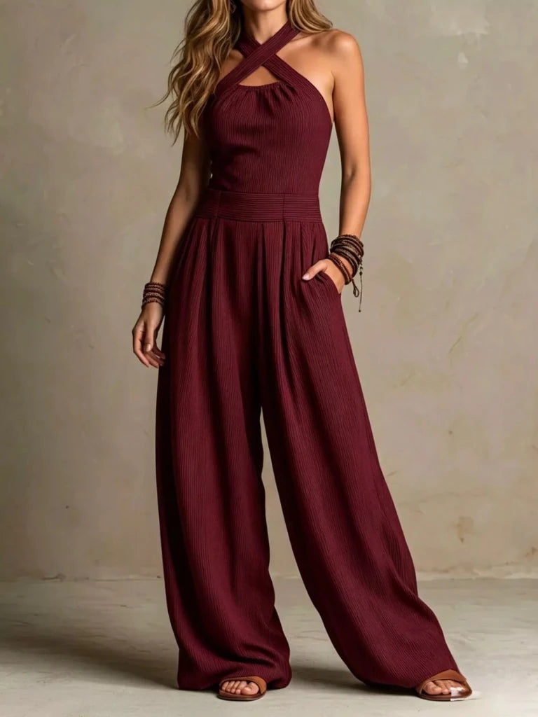Halter neck wide-leg jumpsuit with pockets, alternate product image