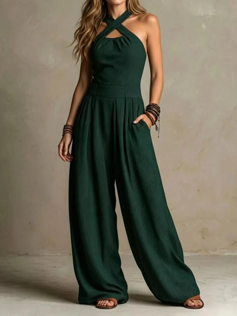 Halter neck wide-leg jumpsuit with pockets, alternate product image