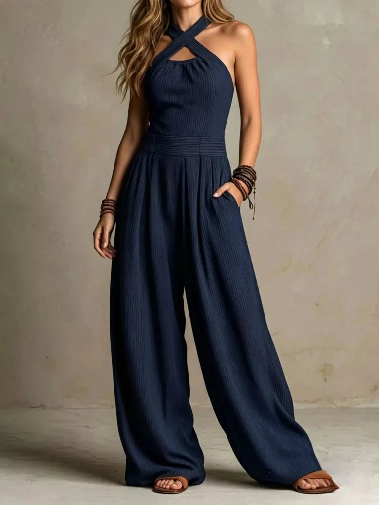 Halter neck wide-leg jumpsuit with pockets, alternate product image