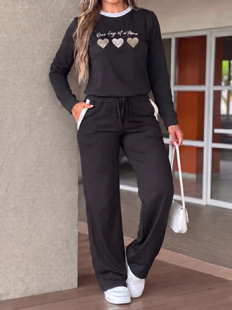 Heart graphic contrast trim top and pants set, alternate product image