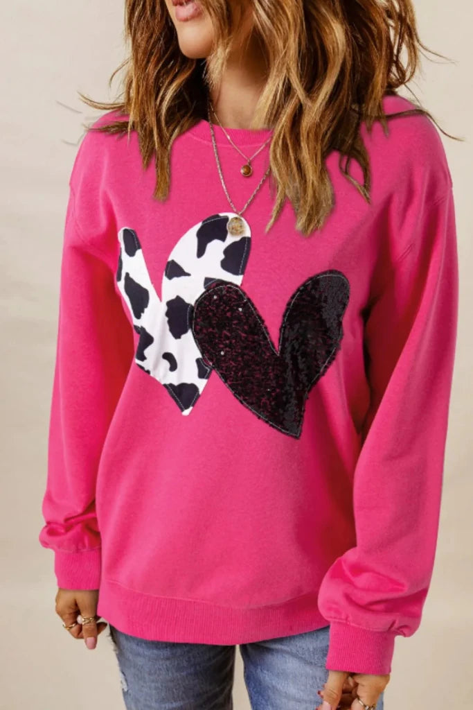 Heart Patch Long Sleeve Sweatshirt - Deep Rose by Trendsi from FREYA’S CLOSET