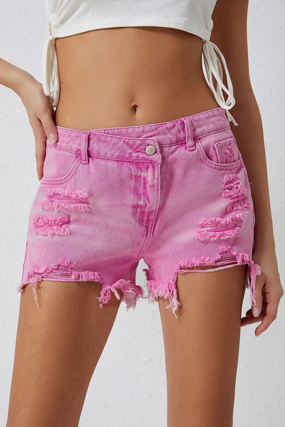 Trendsi Shorts Pink / 8 High Rise Crossover Waist Denim Shorts