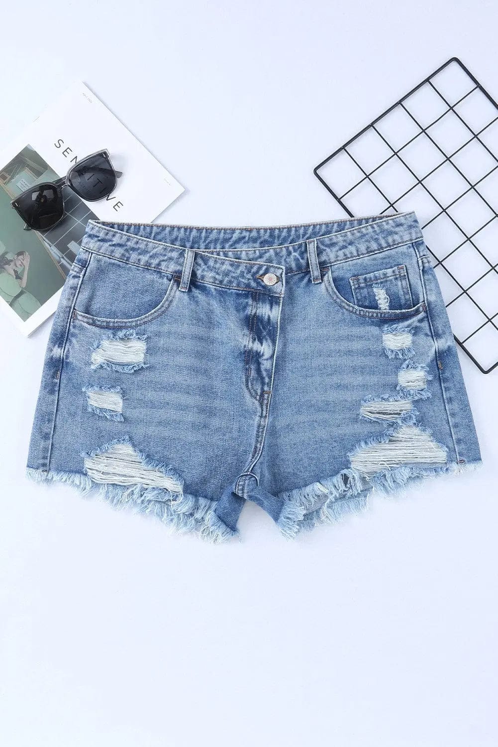 Trendsi Shorts High Rise Crossover Waist Denim Shorts