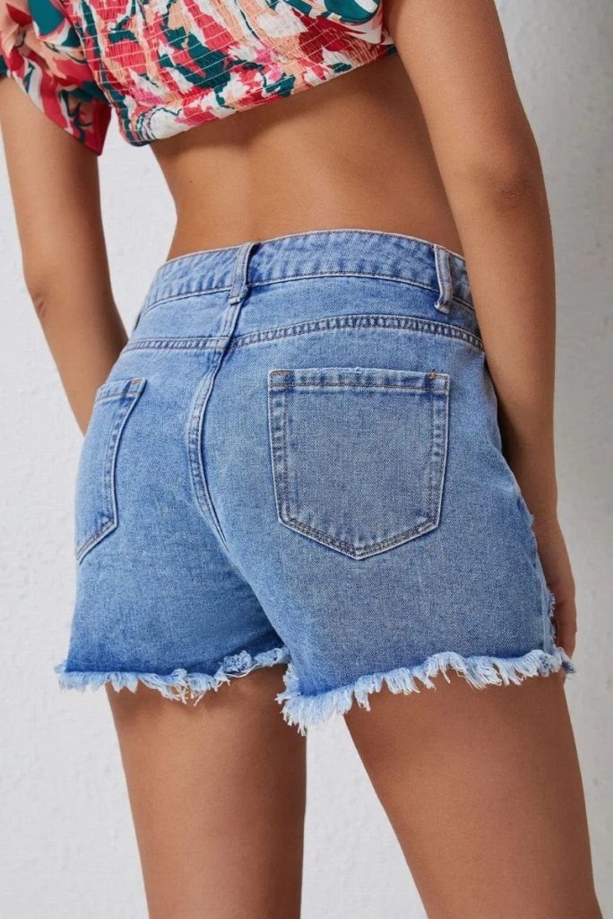 High Rise Crossover Waist Denim Shorts - Light Blue by Trendsi from FREYA’S CLOSET