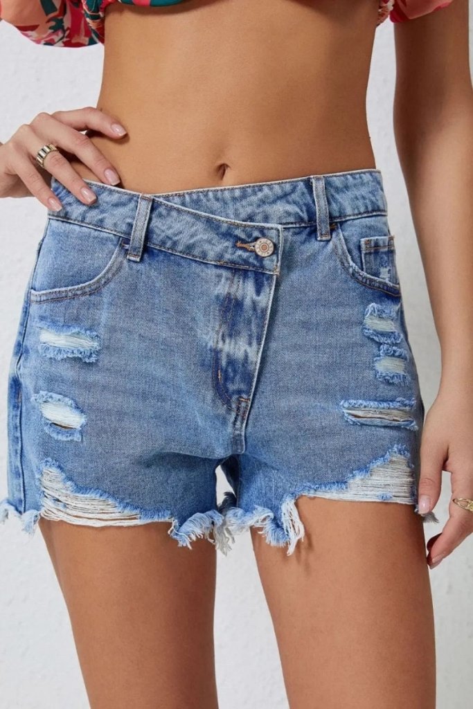 High Rise Crossover Waist Denim Shorts - Light Blue by Trendsi from FREYA’S CLOSET