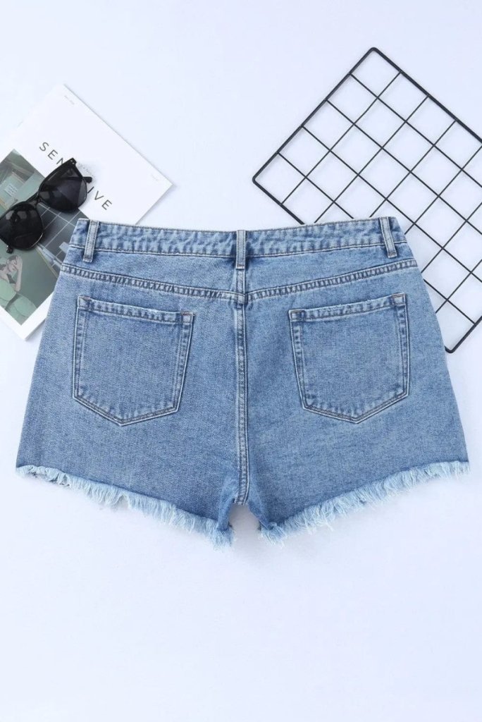 High Rise Crossover Waist Denim Shorts - Light Blue by Trendsi from FREYA’S CLOSET