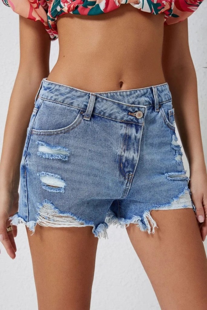 High Rise Crossover Waist Denim Shorts - Light Blue by Trendsi from FREYA’S CLOSET