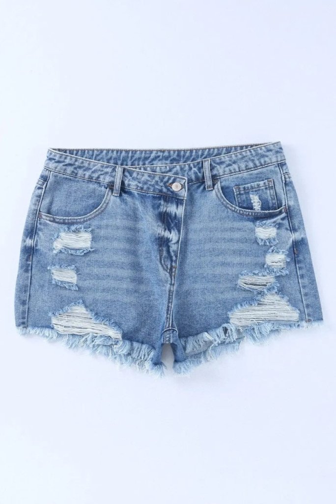 High Rise Crossover Waist Denim Shorts - Light Blue by Trendsi from FREYA’S CLOSET