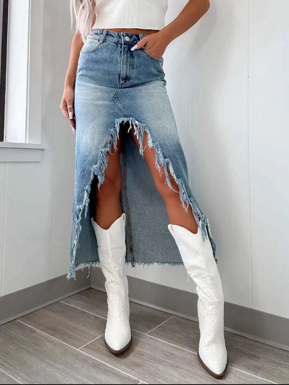 Trendsi Skirt Light / S High-Waist Raw Hem Asymmetry Denim Skirt