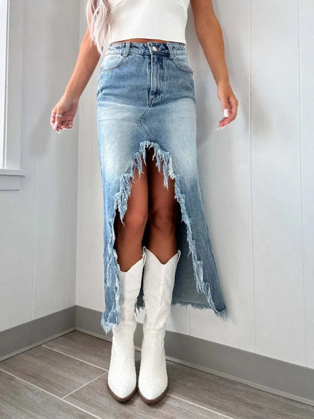 Trendsi Skirt High-Waist Raw Hem Asymmetry Denim Skirt