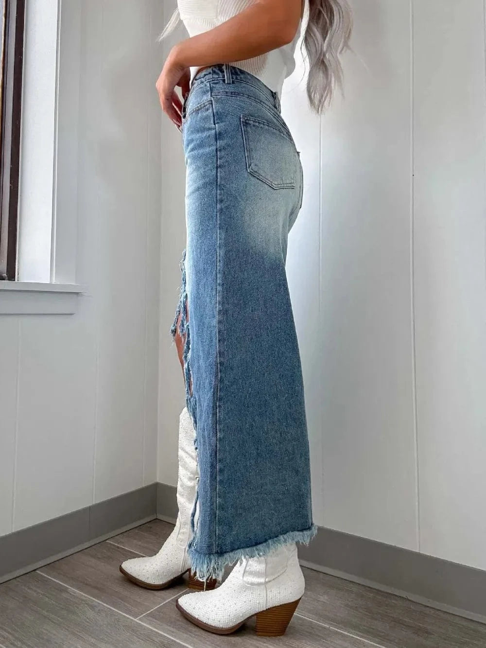 Trendsi Skirt High-Waist Raw Hem Asymmetry Denim Skirt