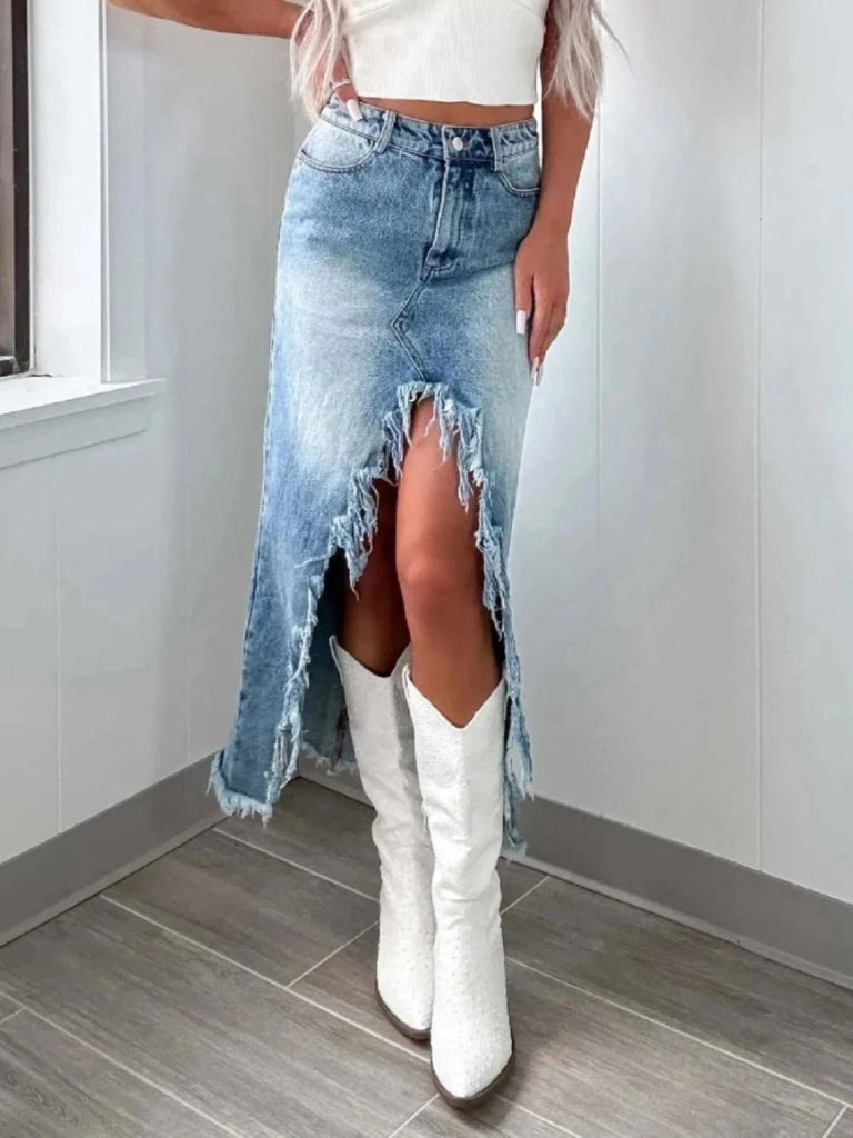 High - Waist Raw Hem Asymmetry Denim Skirt - Light by Trendsi from FREYA’S CLOSET