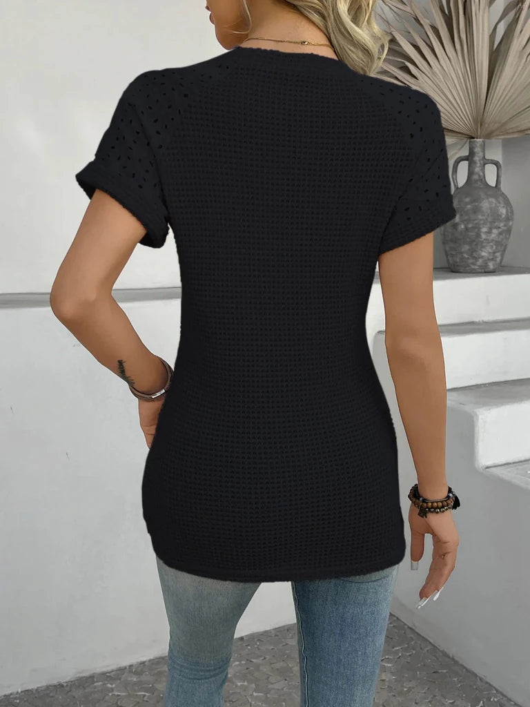 Hollow Out Waffle Knit Short Sleeve T-Shirt - Apricot by Trendsi from FREYA’S CLOSET