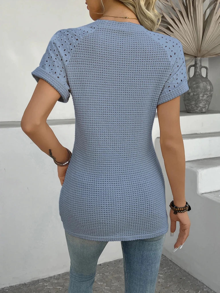 Hollow Out Waffle Knit Short Sleeve T-Shirt - Blue by Trendsi from FREYA’S CLOSET