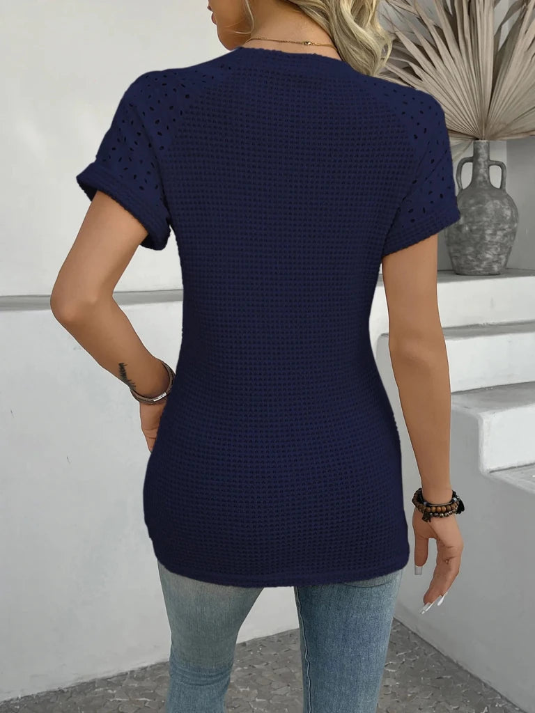 Hollow Out Waffle Knit Short Sleeve T-Shirt - Navy Blue by Trendsi from FREYA’S CLOSET