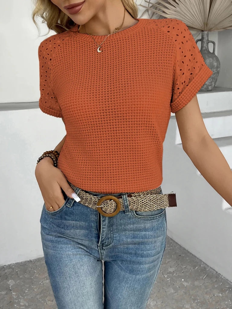 Hollow Out Waffle Knit Short Sleeve T-Shirt - Orange by Trendsi from FREYA’S CLOSET