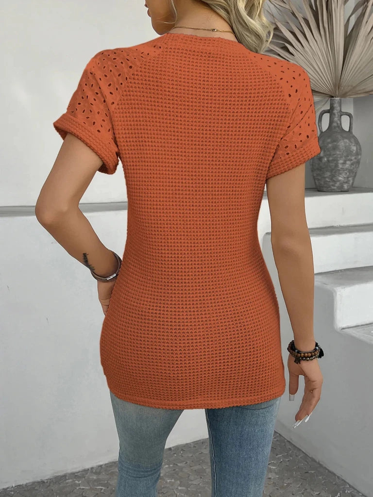 Hollow Out Waffle Knit Short Sleeve T-Shirt - Orange by Trendsi from FREYA’S CLOSET