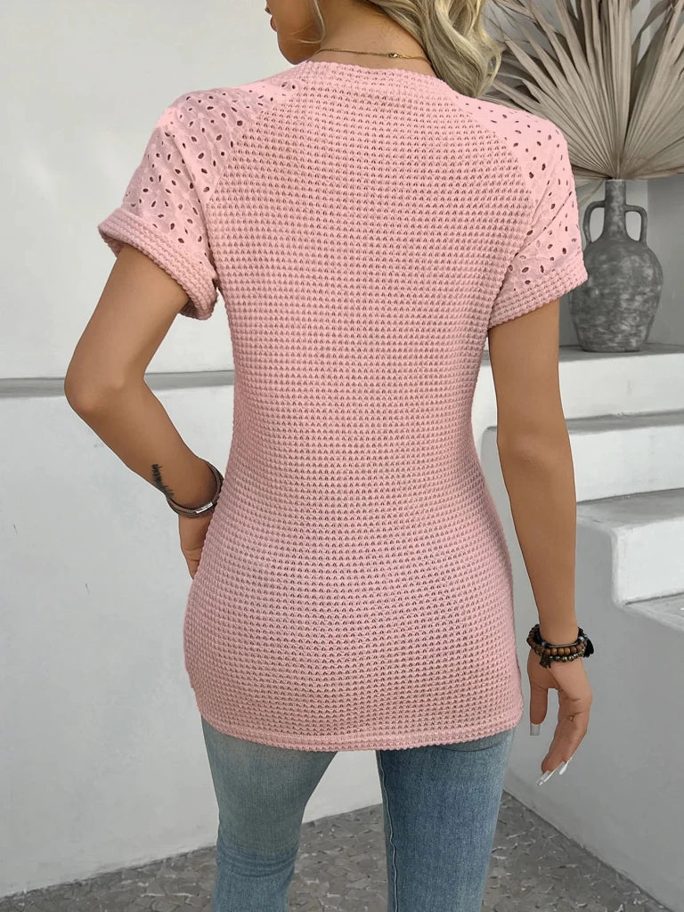Hollow Out Waffle Knit Short Sleeve T-Shirt - Pink by Trendsi from FREYA’S CLOSET