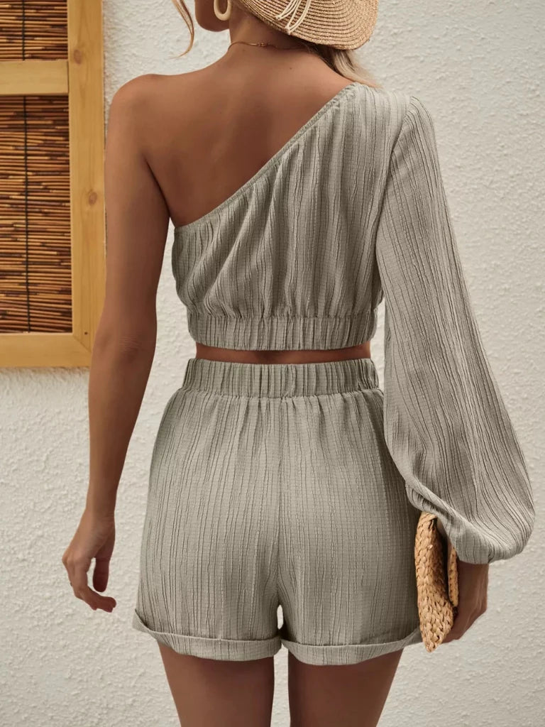 Honey one-shoulder long sleeve top and shorts set, alternate product image
