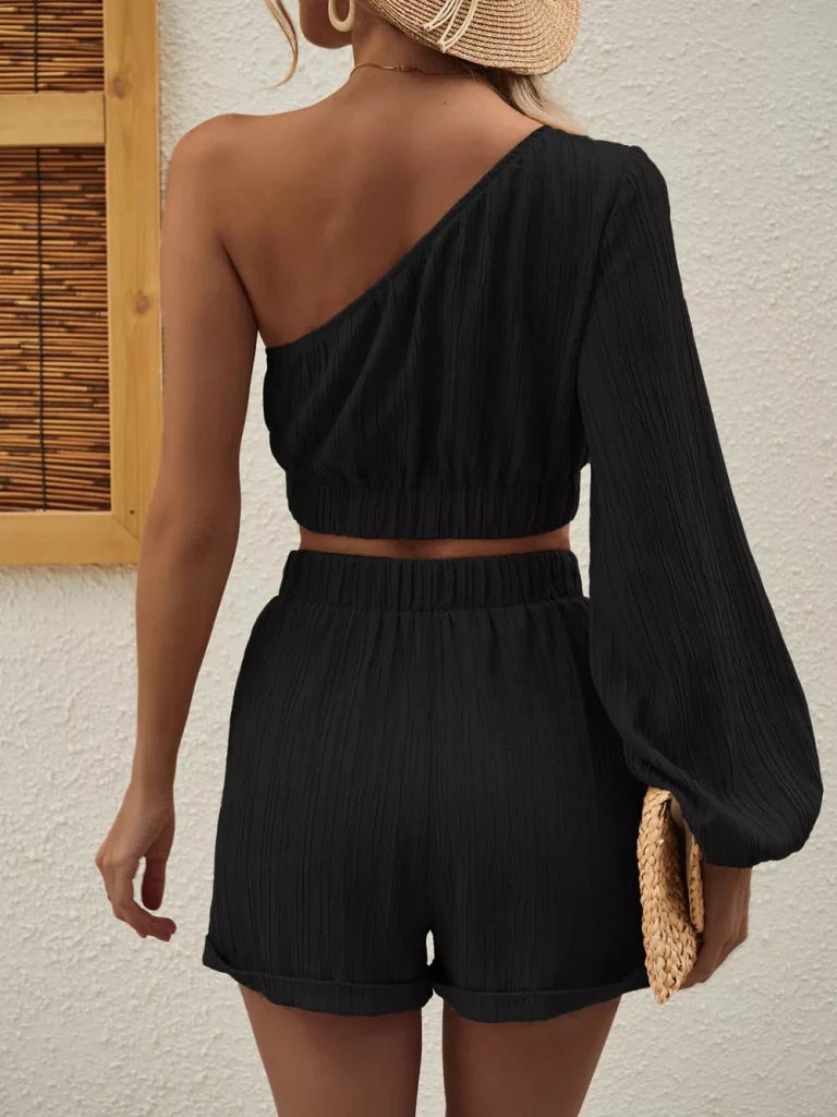 Honey one-shoulder long sleeve top and shorts set, alternate product image
