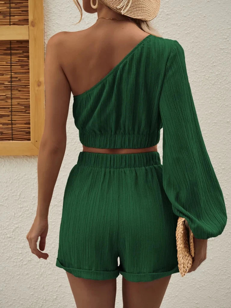 Honey one-shoulder long sleeve top and shorts set, alternate product image