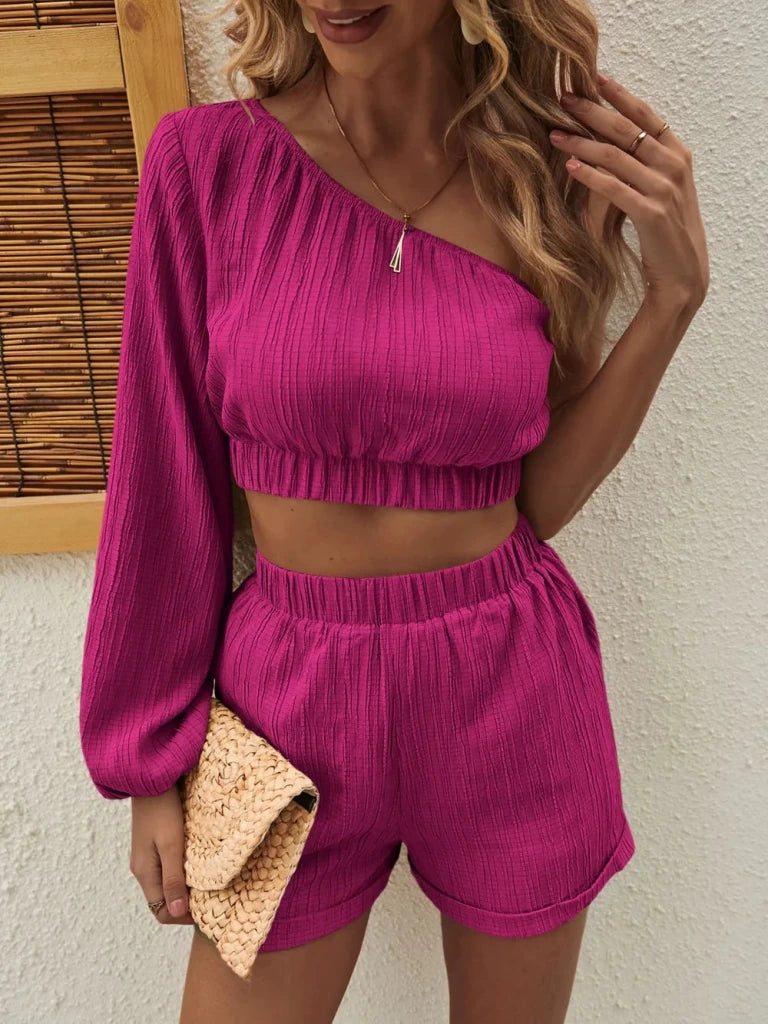 Honey one-shoulder long sleeve top and shorts set, alternate product image