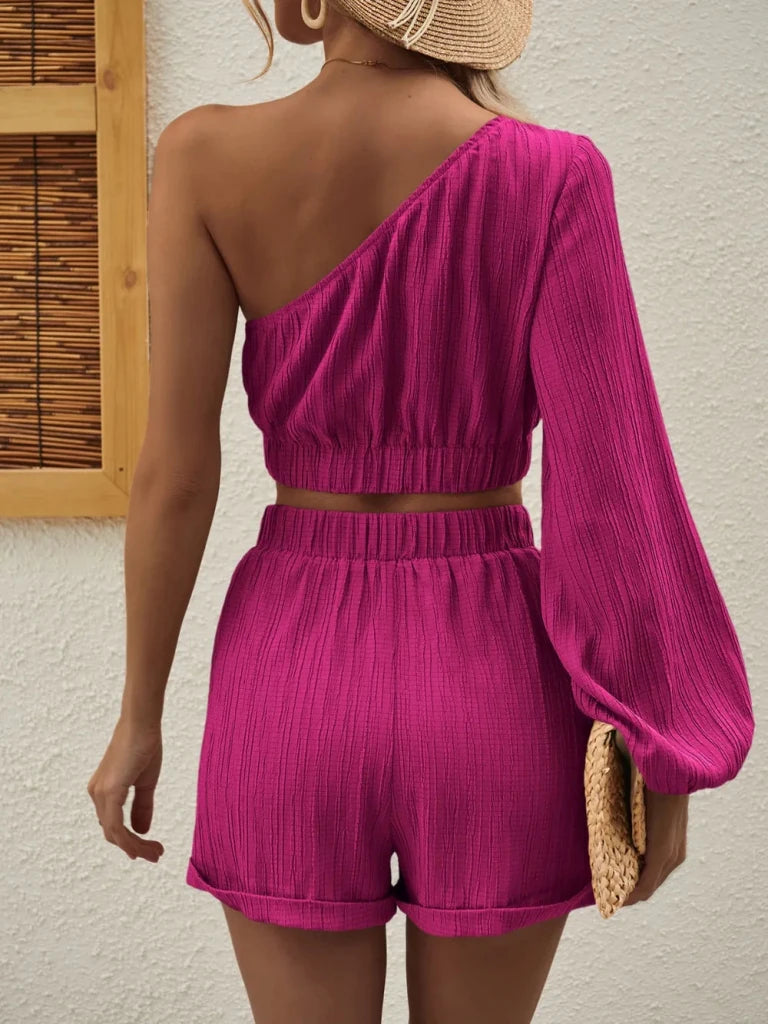Honey one-shoulder long sleeve top and shorts set, alternate product image