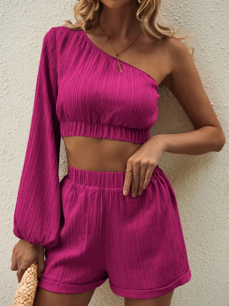 Honey one-shoulder long sleeve top and shorts set, alternate product image