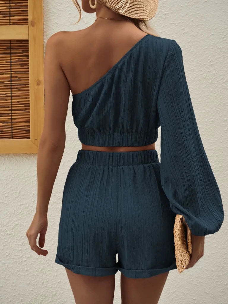 Honey one-shoulder long sleeve top and shorts set, alternate product image