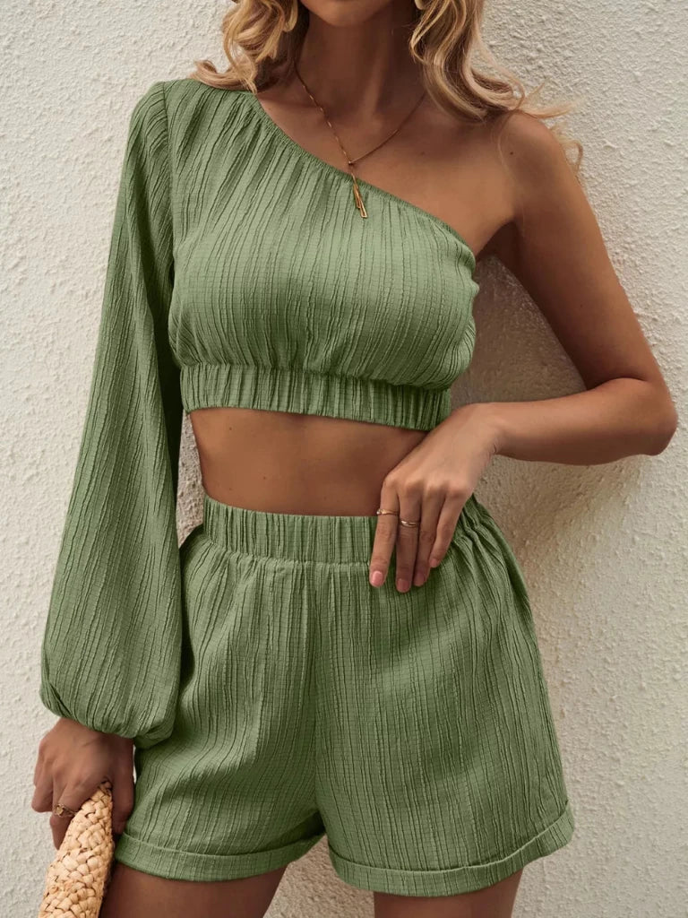 Honey one-shoulder long sleeve top and shorts set, alternate product image