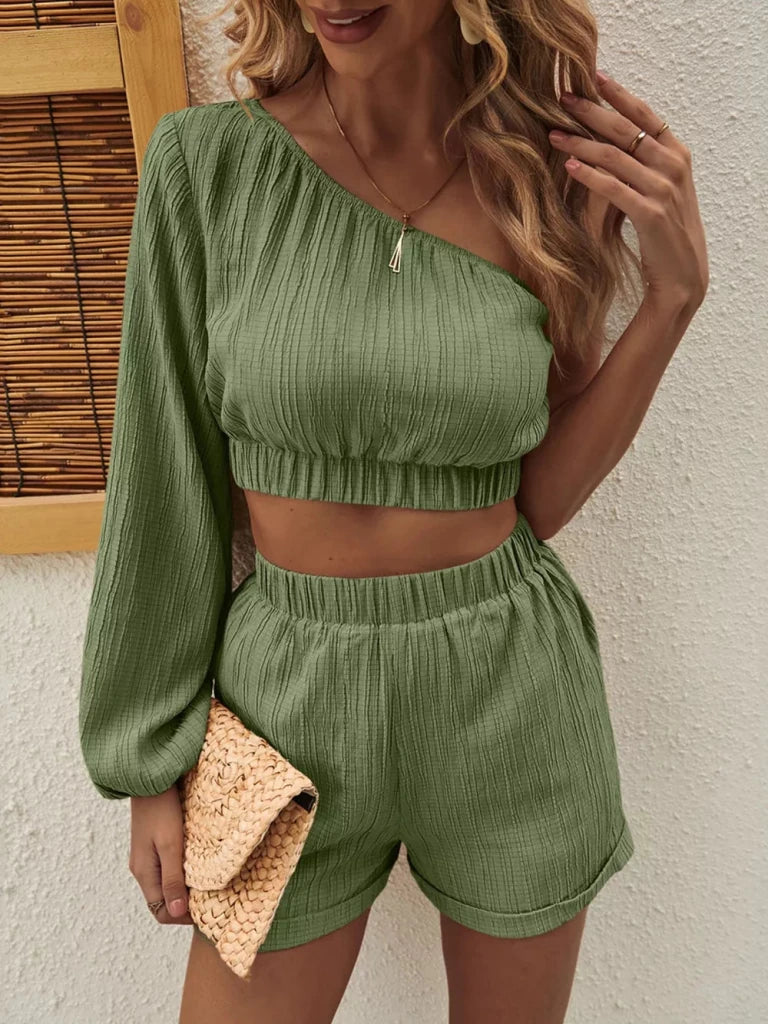 Honey one-shoulder long sleeve top and shorts set, alternate product image