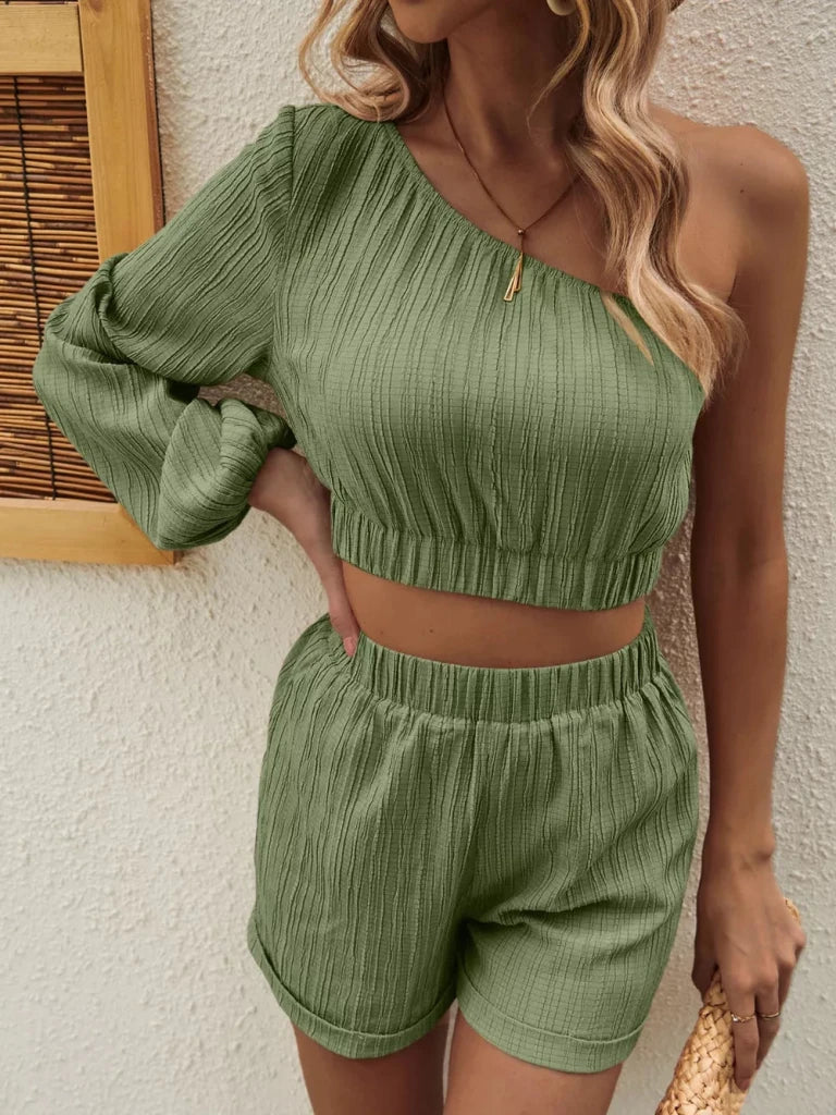 Honey one-shoulder long sleeve top and shorts set