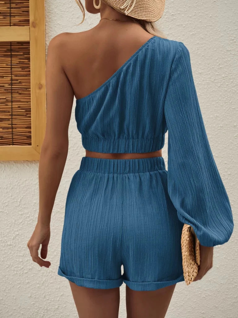 Honey one-shoulder long sleeve top and shorts set, alternate product image