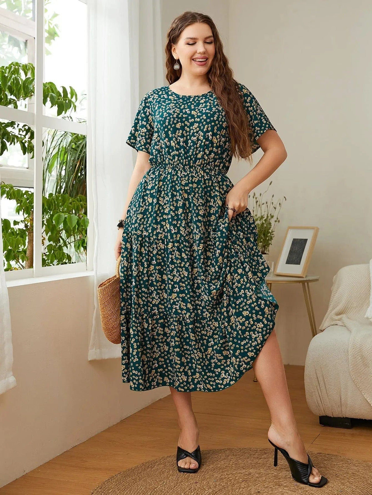 Trendsi Dresses Deep Teal / 1XL Honey Plus Size Floral Round Neck Short Sleeve Midi Dress