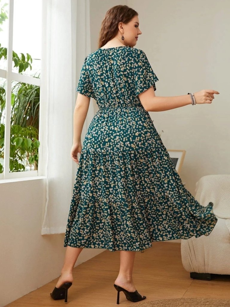 Honey Plus Size Floral Round Neck Short Sleeve Midi Dress - Deep Teal by Trendsi from FREYA’S CLOSET