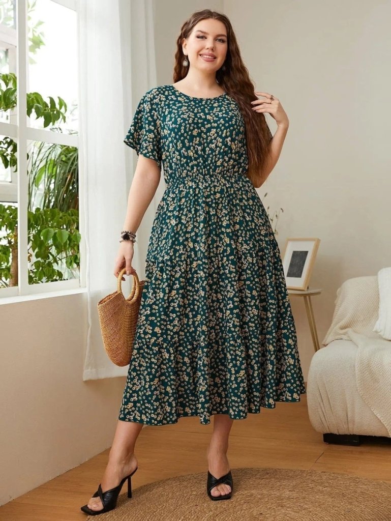 Honey Plus Size Floral Round Neck Short Sleeve Midi Dress - Deep Teal by Trendsi from FREYA’S CLOSET