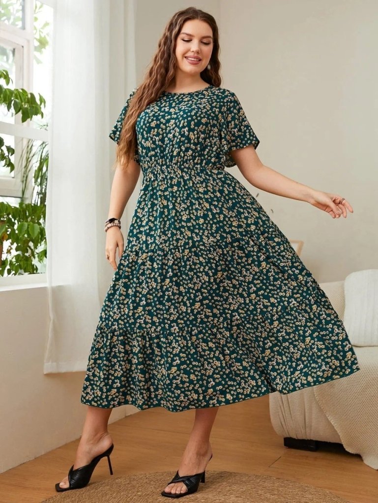 Honey Plus Size Floral Round Neck Short Sleeve Midi Dress - Deep Teal by Trendsi from FREYA’S CLOSET