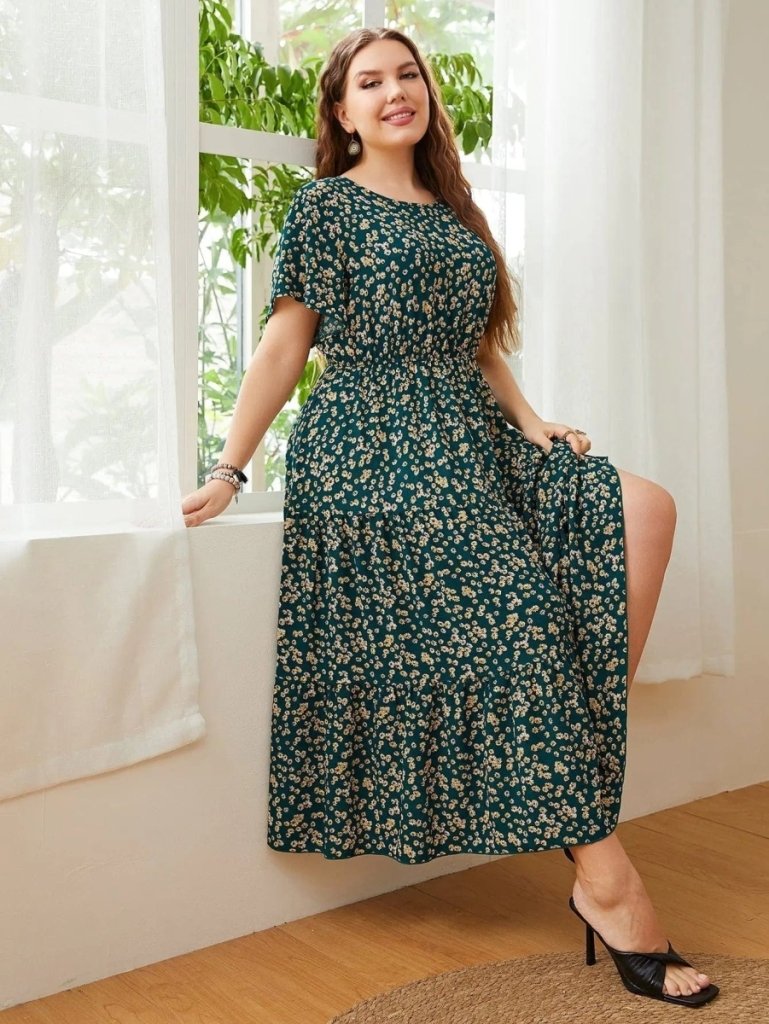 Honey Plus Size Floral Round Neck Short Sleeve Midi Dress - Deep Teal by Trendsi from FREYA’S CLOSET